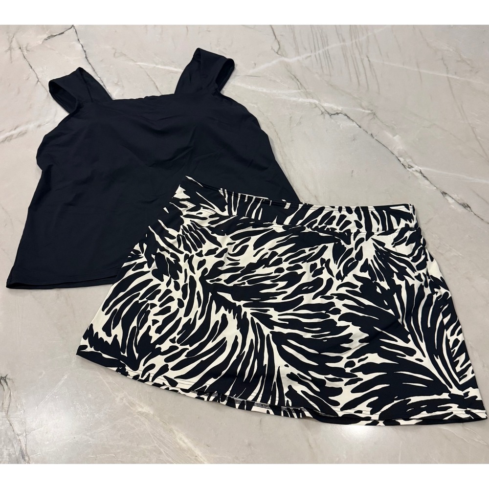 Lands' End Black Tankini Top & Zebra Palm Swim Skirt 2 Piece Swimsuit Set 18W